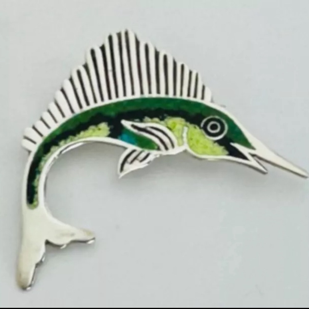 Vintage Taxco Mexico Sterling Silver 925 Abalone Marlin Sword Fish Pin Brooch 2”